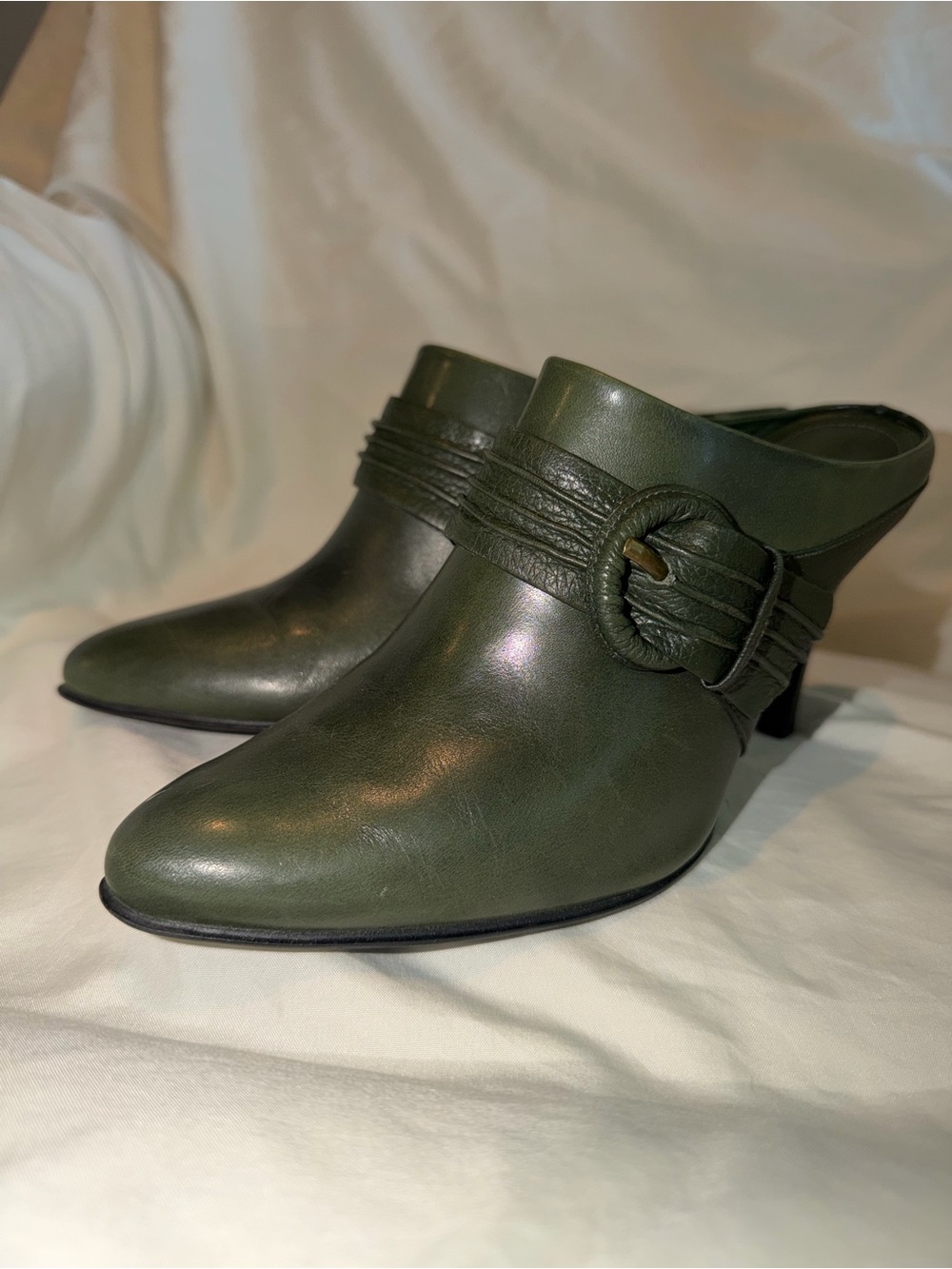 Gianni Bini Olive‎ Green Leather Mule Heels with Wrapped Buckle